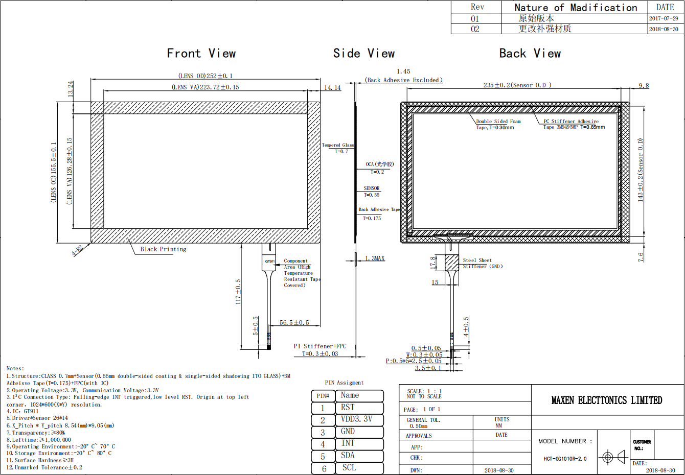 Drawing of 10.1 inch GT911 Touch Screen