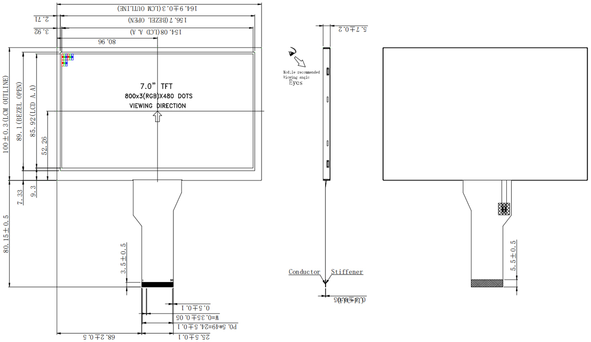 Drawing of 10.1 inch TFT LCD Screen1000 Nits 7 inch LCD Display