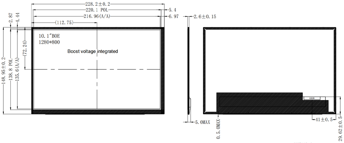 Drawing of 10.1 inch TFT LCD Screen