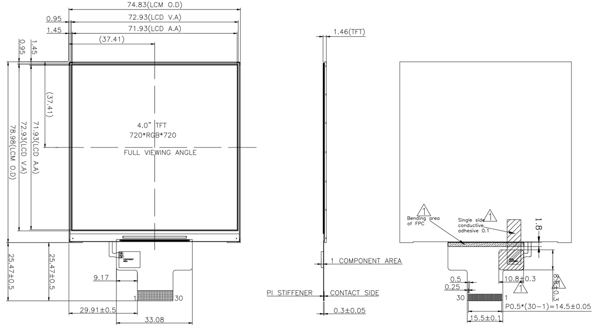 Drawing of 4 inch Square LCD Screen