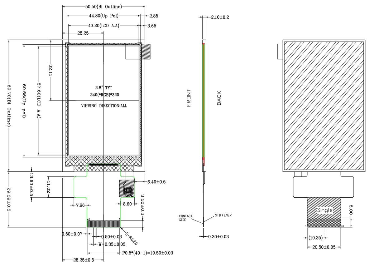 Drawing of 2.8 inch TFT Display