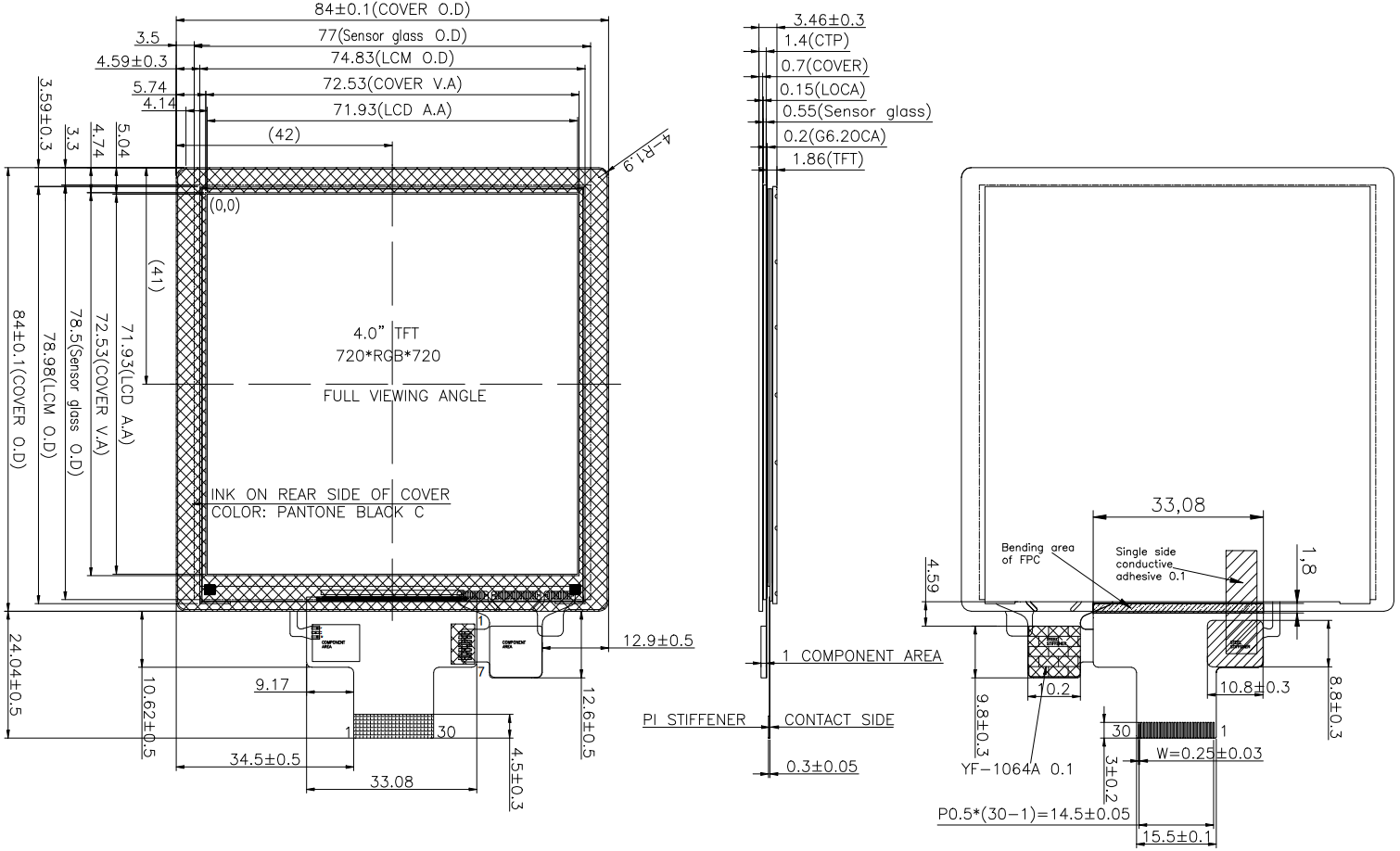 Drawing of 4 inch LCD Touch Display