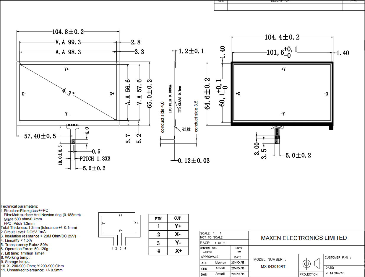 Drawing of 4.3 inch Touch Panel