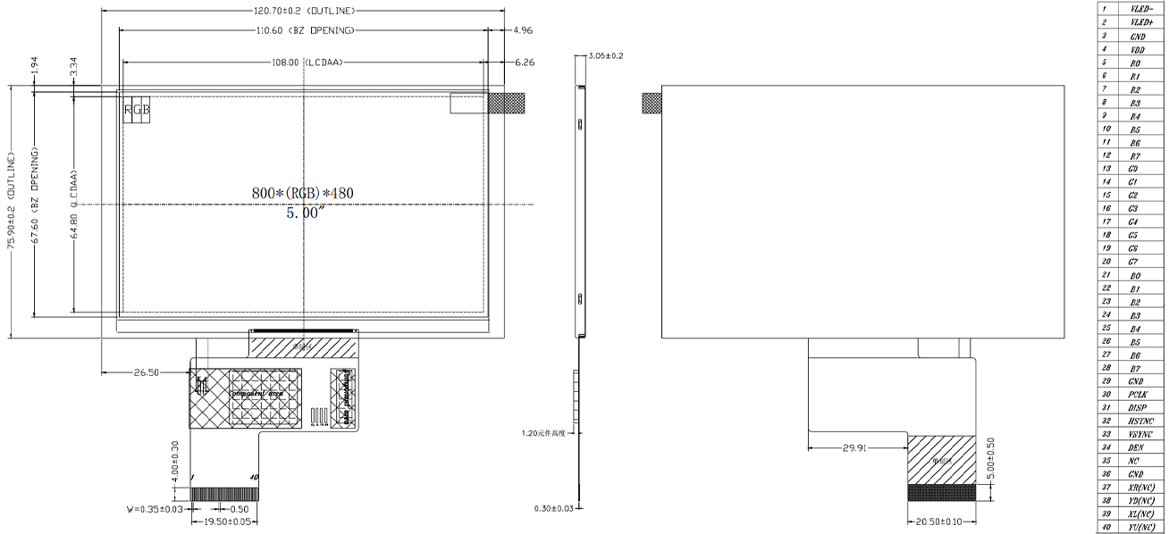 Drawing of 5 inch TFT LCD Display