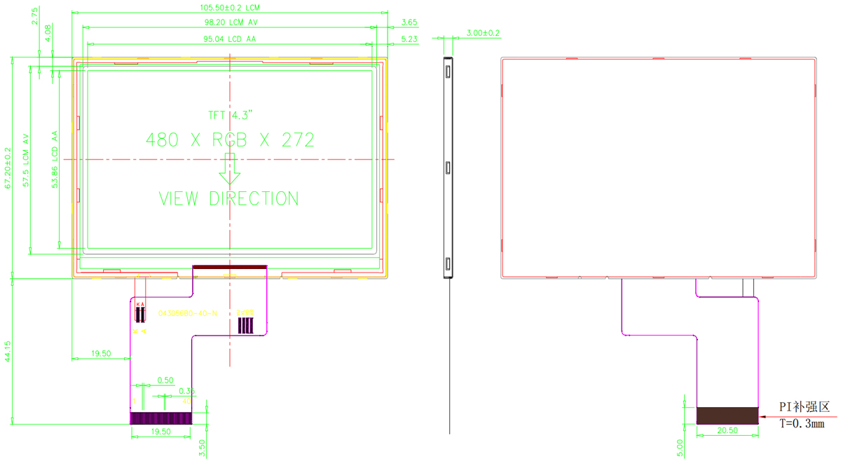 Drawing of 1000 Nits 4.3 inch TFT LCD
