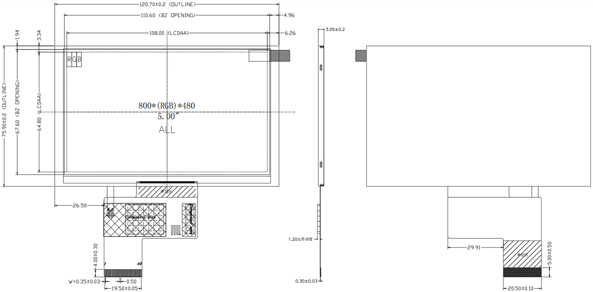 Drawing of 5 inch LCD display