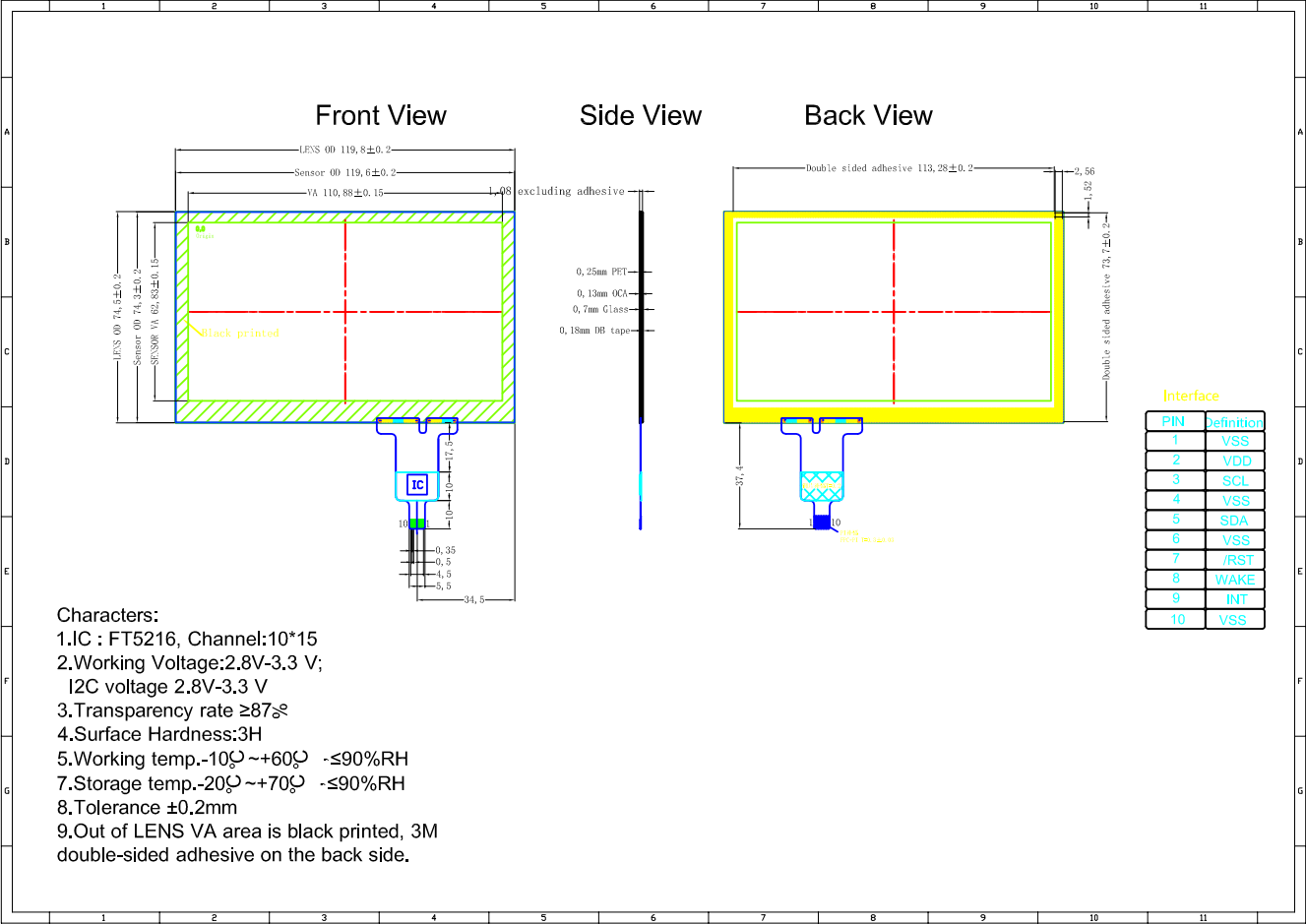 Drawing of 5 inch PCAP Touch Screen