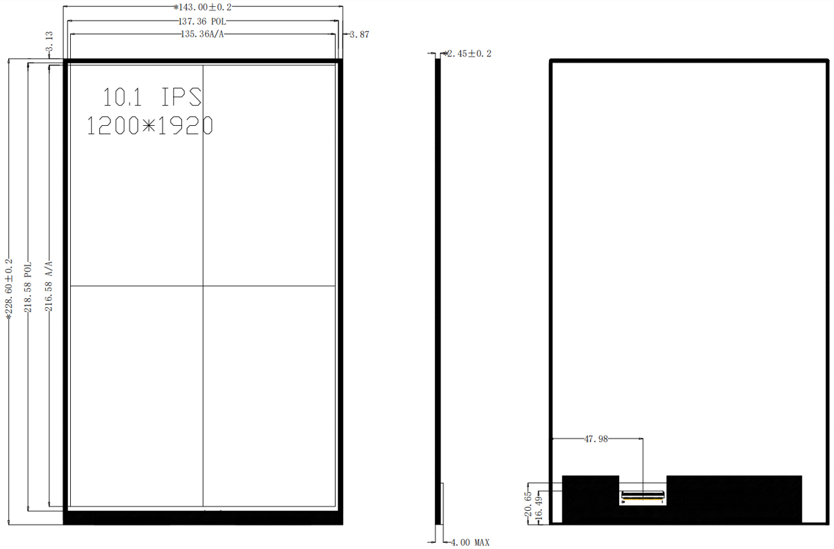 Drawing of 10.1 inch TFT LCD Panel