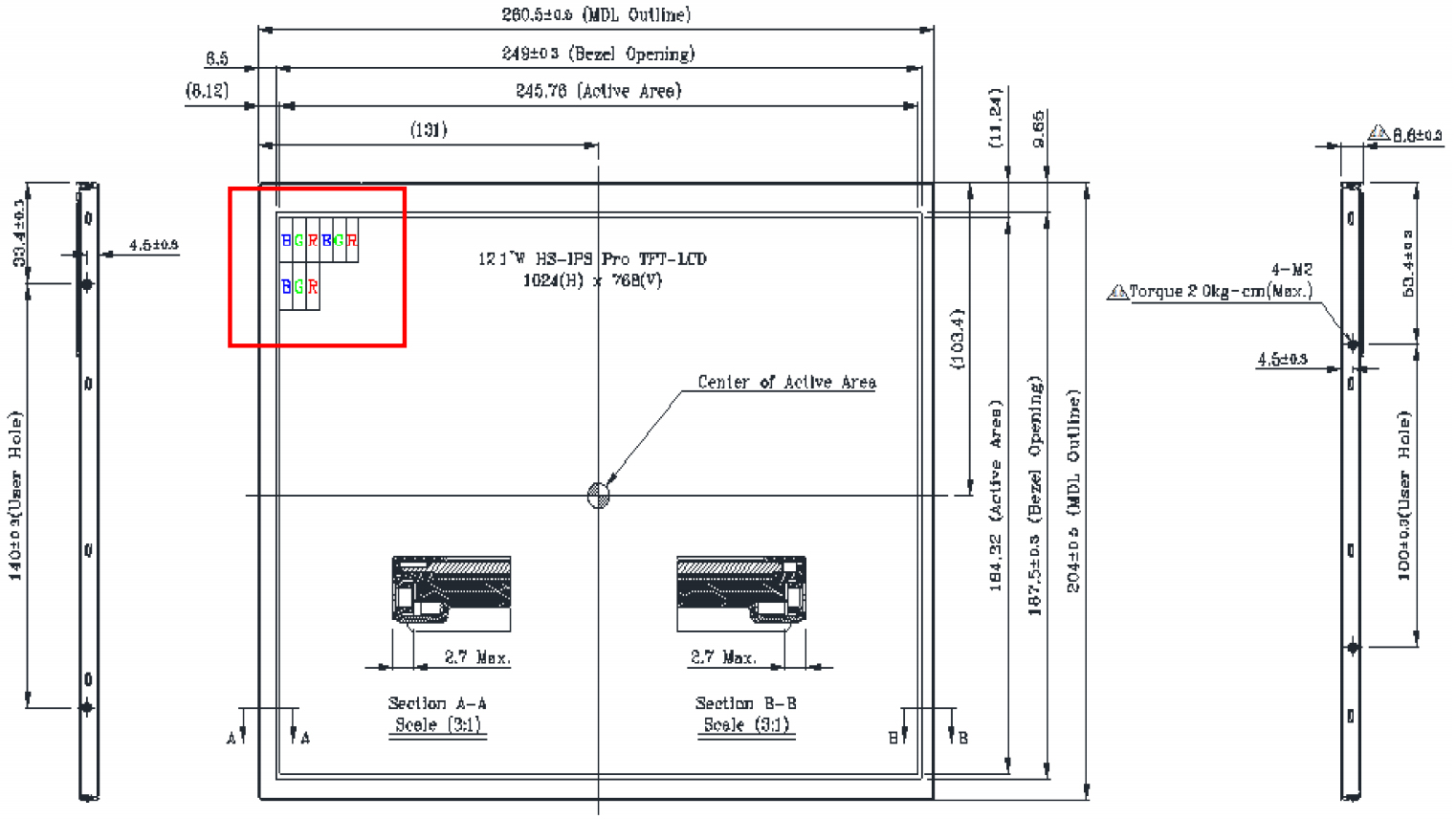 Drawing of 12.1 inch 1024x768 Industrial LCD Module
