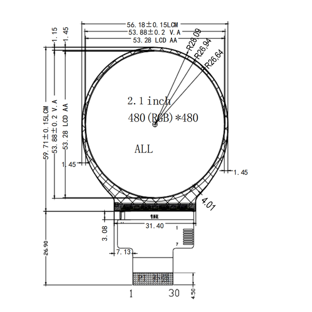 2,1 Zoll runder TFT-LCD